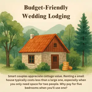 Illustrated small stone cottage with coins emphasizes savings when choosing cottage vs house lodging