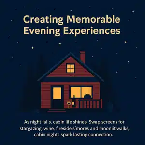 This graphic shares romantic cabin ideas like stargazing, s’mores, and tech-free meaningful connections