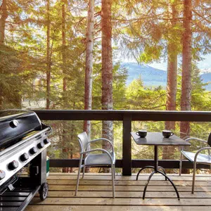 Forest deck with BBQ grill and seating, ideal for casual cottage vs house discussions