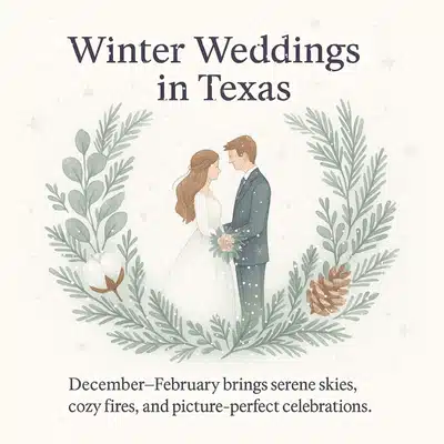 An illustrated winter wedding scene emphasizes why this season is the best time to get married in Texas