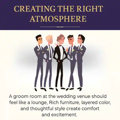 Illustration of groomsmen together, highlighting tips for creating the right atmosphere in groom’s room