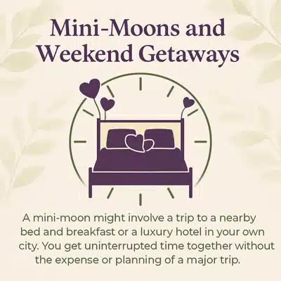 Mini-moon graphic explains what is the purpose of a honeymoon through intimate weekend getaways