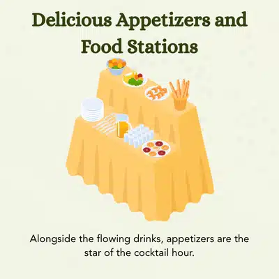 Illustrated buffet table featuring appetizers, drinks, and snacks served during a festive cocktail hour