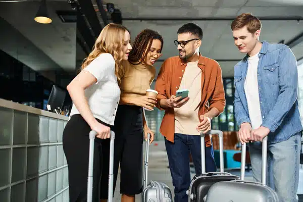 Four travelers with suitcases check a smartphone together in a modern hotel lobby during arrival