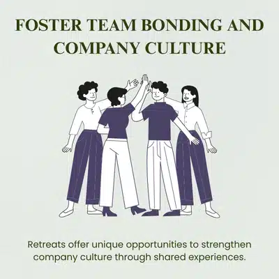 Illustrated infographic shows coworkers high-fiving, highlighting retreats strengthening company culture and shared experiences for teams